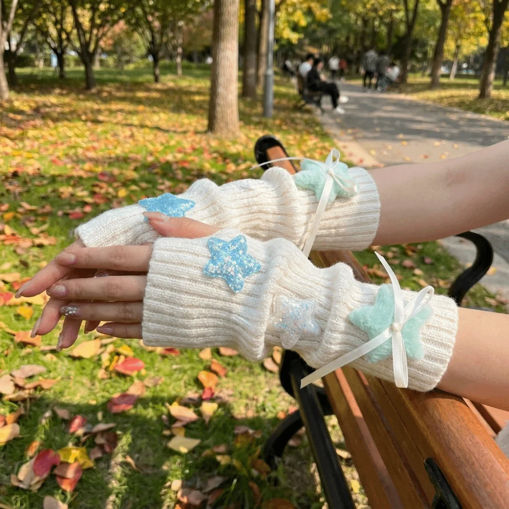 Sequin Star Decorated Fingerless Arm Covers Ribbon Bow Decor Long Cuff Soft Knitted Arm Warmers Windproof Warm Typing Gloves