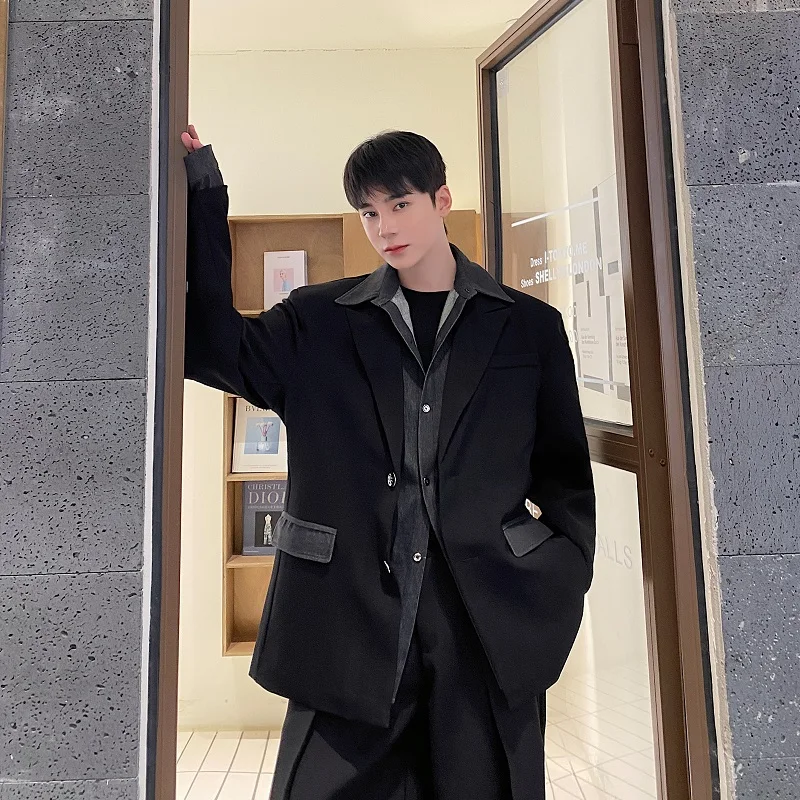 

Casual Sle Men's Denim Patchwork oulder Pad Suit Jaet Trendy Korean Version Loose Fit Long Sve Spring Autumn Winter