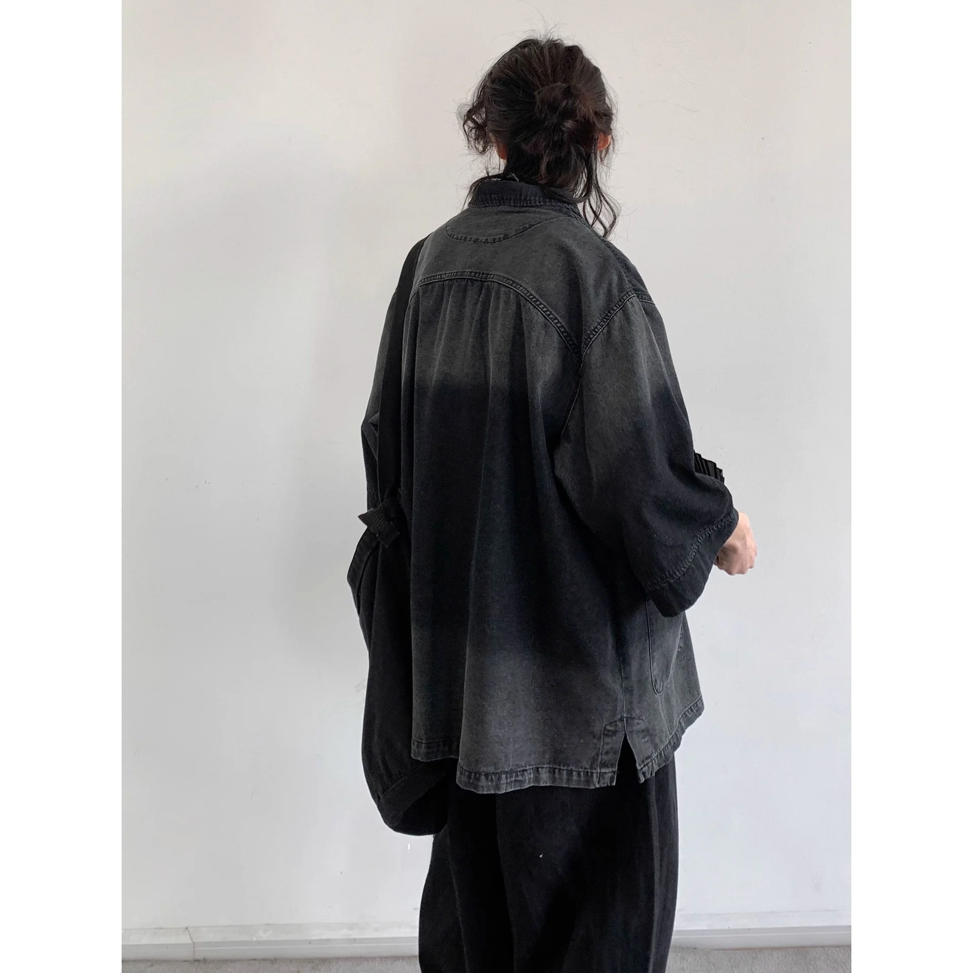 

Summer New Chinese Sle Retro Waed Denim Jaet Loose Fit Men's Cotton Blend Fabric Five Sve Flip Collar Coat