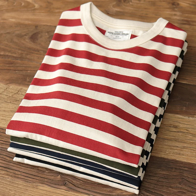 

Autumn New American Retro 250g Heavyweight O-neck Striped T-shirt Men's Fashion 100% Cotton Washed Casual Loose Tough Guy Tops