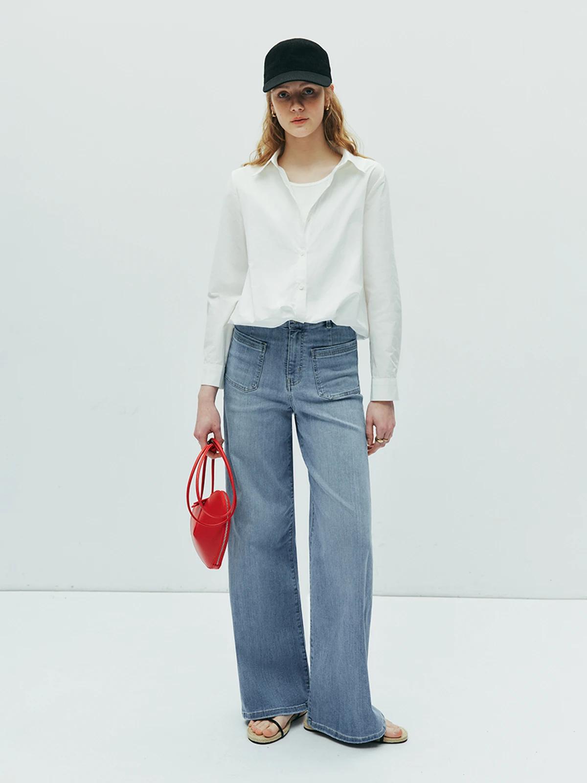 High Elastic Comfortable Slimming Casual Straight Leg Double Pocket Wide Leg Jeans Women's Spring Autumn Loose Fit Jeans