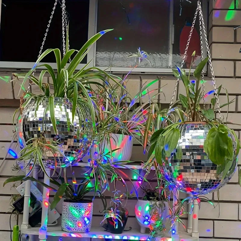 Unique Handcrafted Bohemian-Inspired Hanging Disco Mirror Ball Planter - Self-Watering, Space-Saving, Stylish Home Decor for