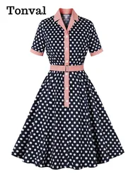 Tonval Contrast Collar Polka Dot Vintage Dress Pinup 50s Women Single Breasted Belted Summer Cotton Rockabilly Dresses 2024