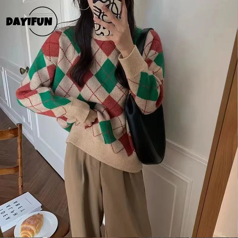 DAYIFUN-Sweater Women's Round Neck,Colorblock Plaid Knitted Pullover,Autumn,Winter,Korean Loose Long-sleeved Knit Jumpers,Inside