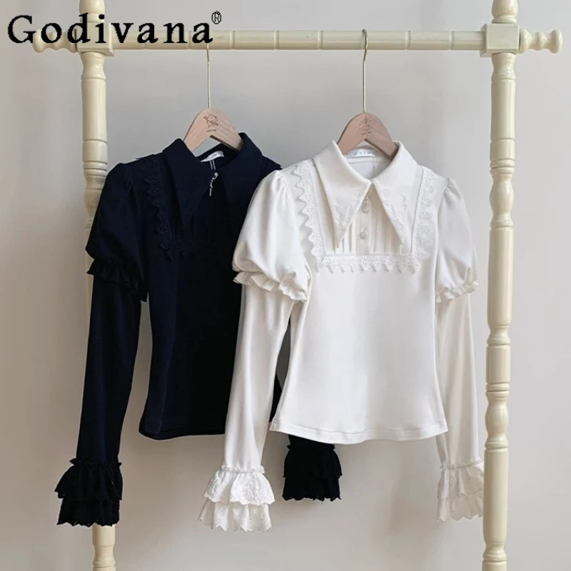 

Original French Elegant Retro Long Sleeve Shirt Blouses 2025 New Women's Sweet Lolita Lace Batwing Collar Tops Blusas Mujer