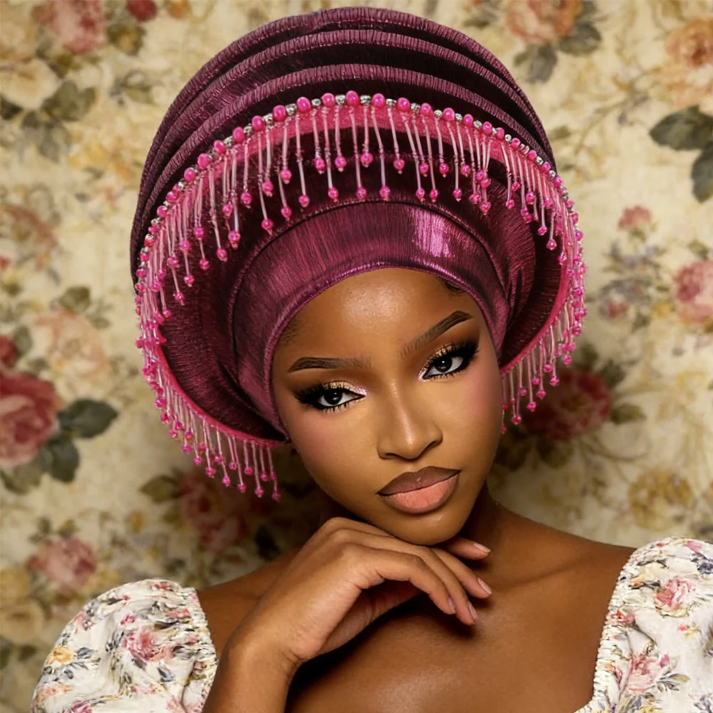 

Nigeria Wedding Party Headgear Elegant African Headtie Tassel Turban Already Made Women Auto Gele Female Head Wrap Bonnet Hijab