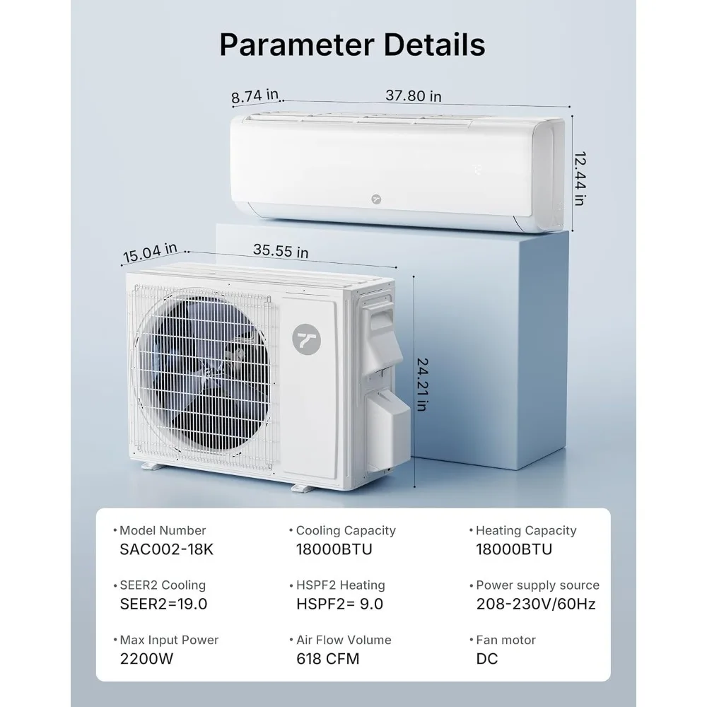18000 BTU Mini Split AC & Heat Pump, 230V 20 SEER2 R32 WiFi Smart Control Quiet Ductless System for 1250 Sq.Ft, Custom