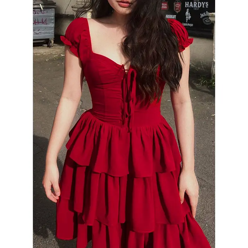 

NIGGEEY Square Necked Bubble Sleeved Dress Women Summer Sexy Slimming Red Fluffy Skirt Sweet Hotsweet Girl Short Skirt