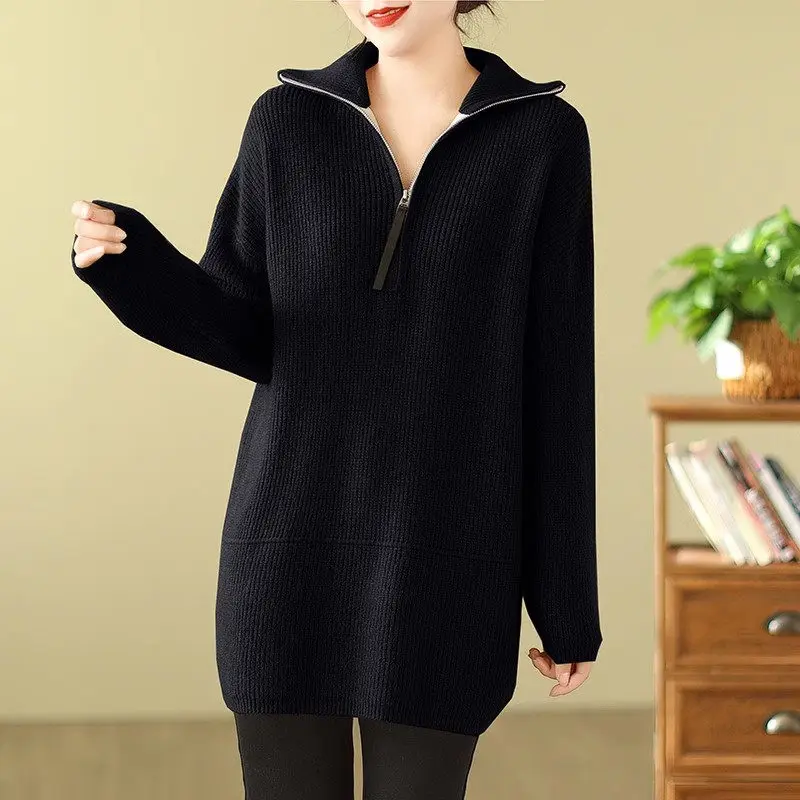 Mid Length High Neck Zippered Sweater For Women's Autumn Winter Thick 2023 New Loose Lazy Style Pullover Knitted Jacket Z4350