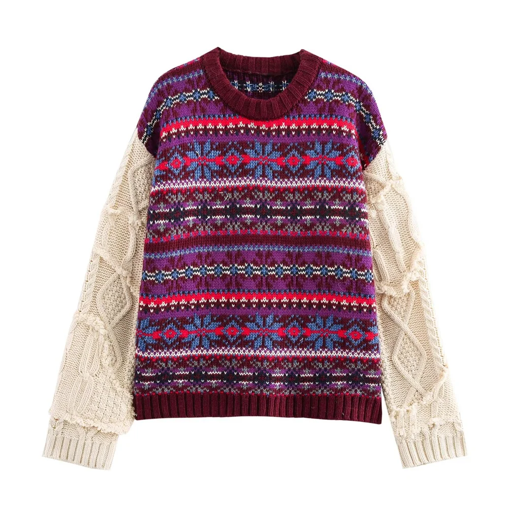 

BMURHMZA Autumn New Product Women's Loose Round Neck Long Sleeve Hairy Edge Decorative Layer Jacquard Splicing Knitted Sweater