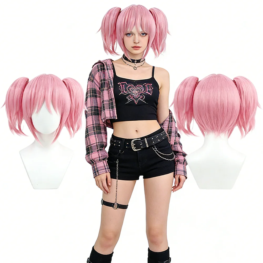 

Madoka Kaname Cosplay Wig Pink Full Head Wig With 2 Detachable Ponytails + Wig Cap For Women Anime Halloween Costume Party