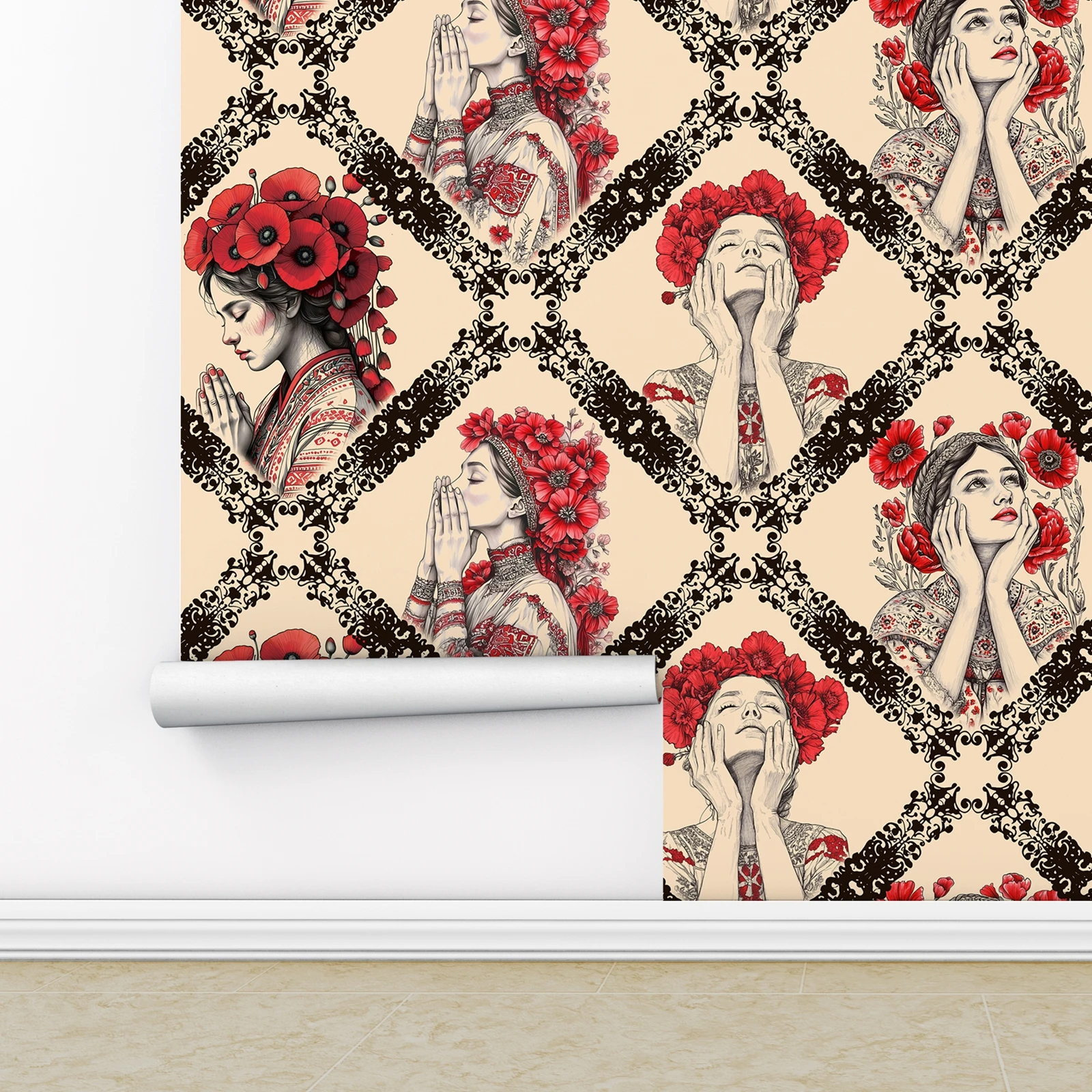 ورق حائط بوهيمي فريد من نوعه، ورق حائط قابل للتقشير واللصق للفنون الثقافية للغرفة الفاخرة، عناصر تزيين الحائط الأزهار الغريبة، 50 سم * 300 سم #2