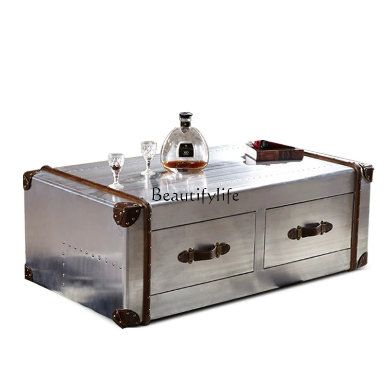 

space aluminum leather coffee table rural industrial style creative individuality coffee table retro designer rivet storage box