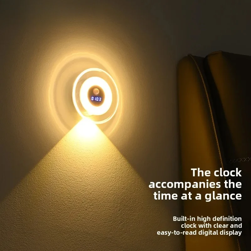 ShinyYing Motion Sensor Night Light, LED Wall Lamp with Digital Clock, 3-Color Dimmable USB Rechargeable for Bedroom