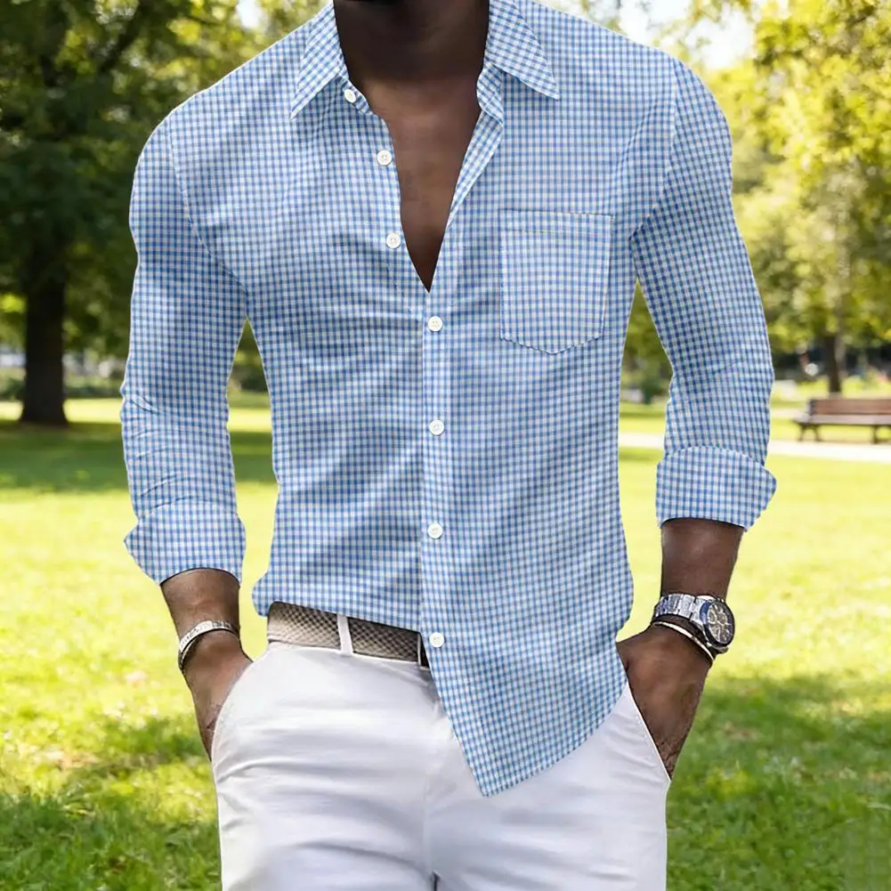 

Stylish Men Plaid Dress Shirt Long Sleeve Button Down Shirt with Pocket Slim Fit Lapel Casual Formal Shirt for Work Parties