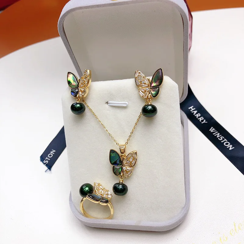 

New Freshwater Pearl Three-Piece Colorful Butterfly Abalone Shell Base Exquisite Fashion Versatile Set Decorations Wholesale