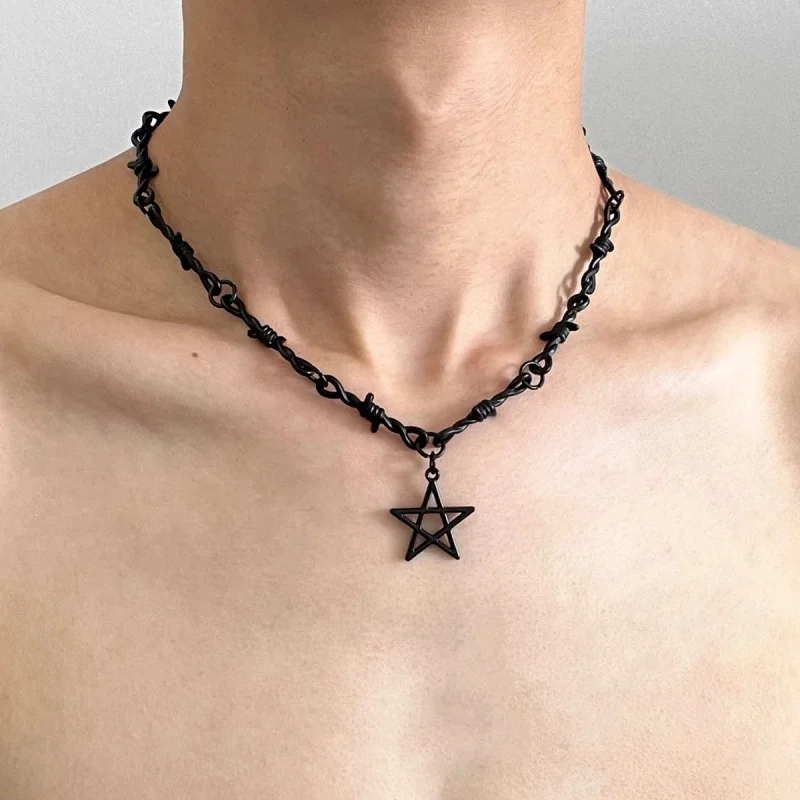 Black Thorn Five Pointed Star Punk Necklace For Both Men And Women Trendy Collar Chain Hot Chick Y2k Hoodie Accessory