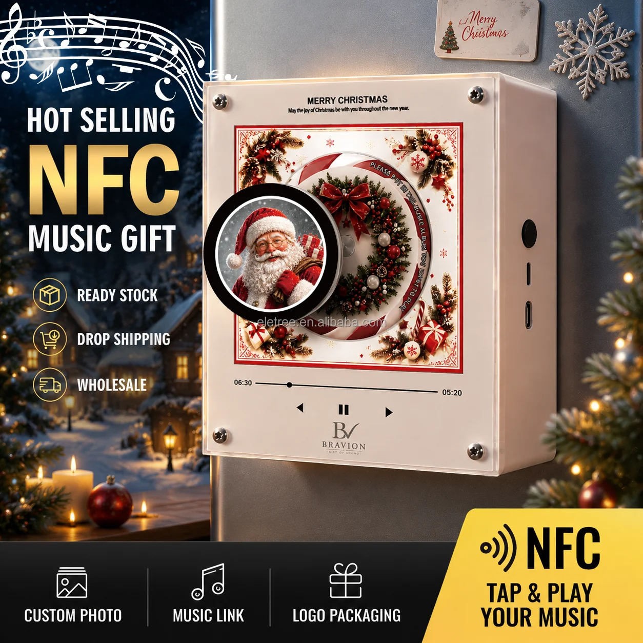 BRAVION Custom CLASSIC RED Christmas NFC Vinyl Record Player Fridge Magnet Light up Music Box Magnetic Fridge with Music