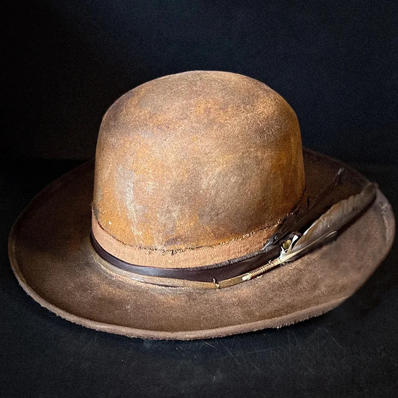 Oval Top Retro Distressed Style Wool Hat with Fashionable Feather Decoration Sheep Felt Hat