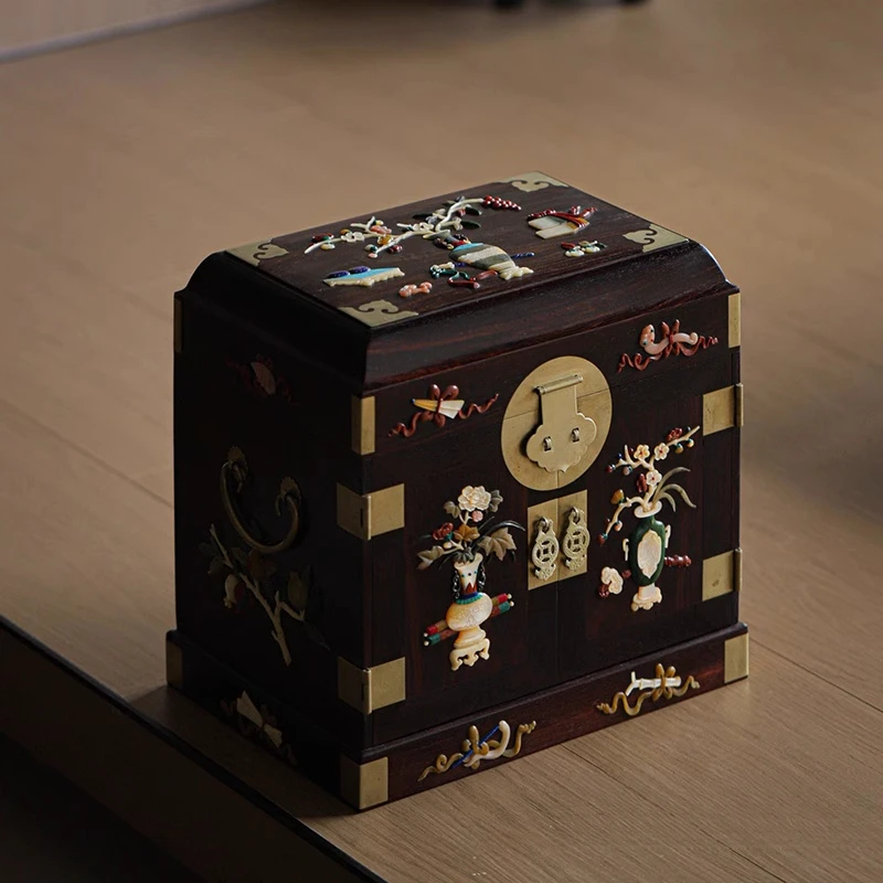 single board inlaid with Baibao official leather box mahogany storage box indoor home cultural ornament collection collection