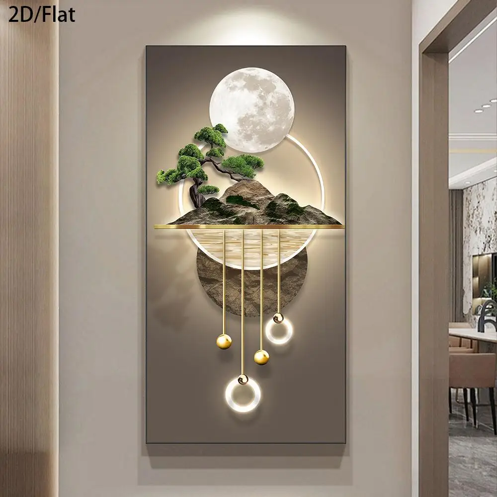 1 Modern Abstract Full Moon Canvas Art Print - Serene Bonsai and Chandelier Wall Decor, Minimalist Home Decor for Living Room an