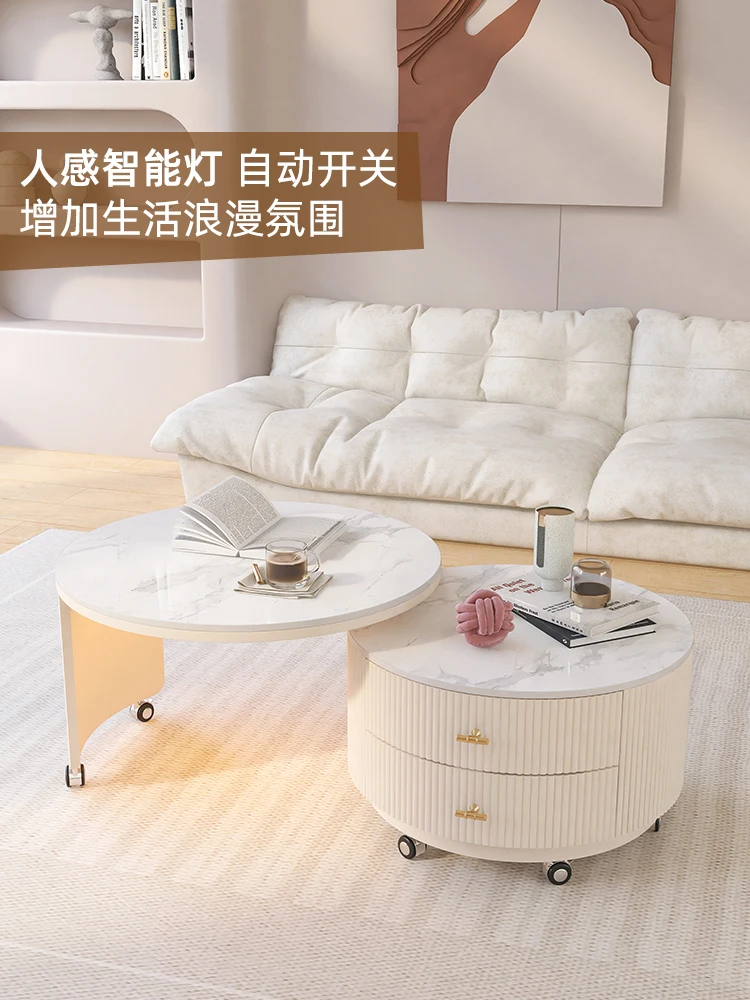 Rock slab coffee table living room household small apartment modern light luxury cream wind rotating mobile round coffee table