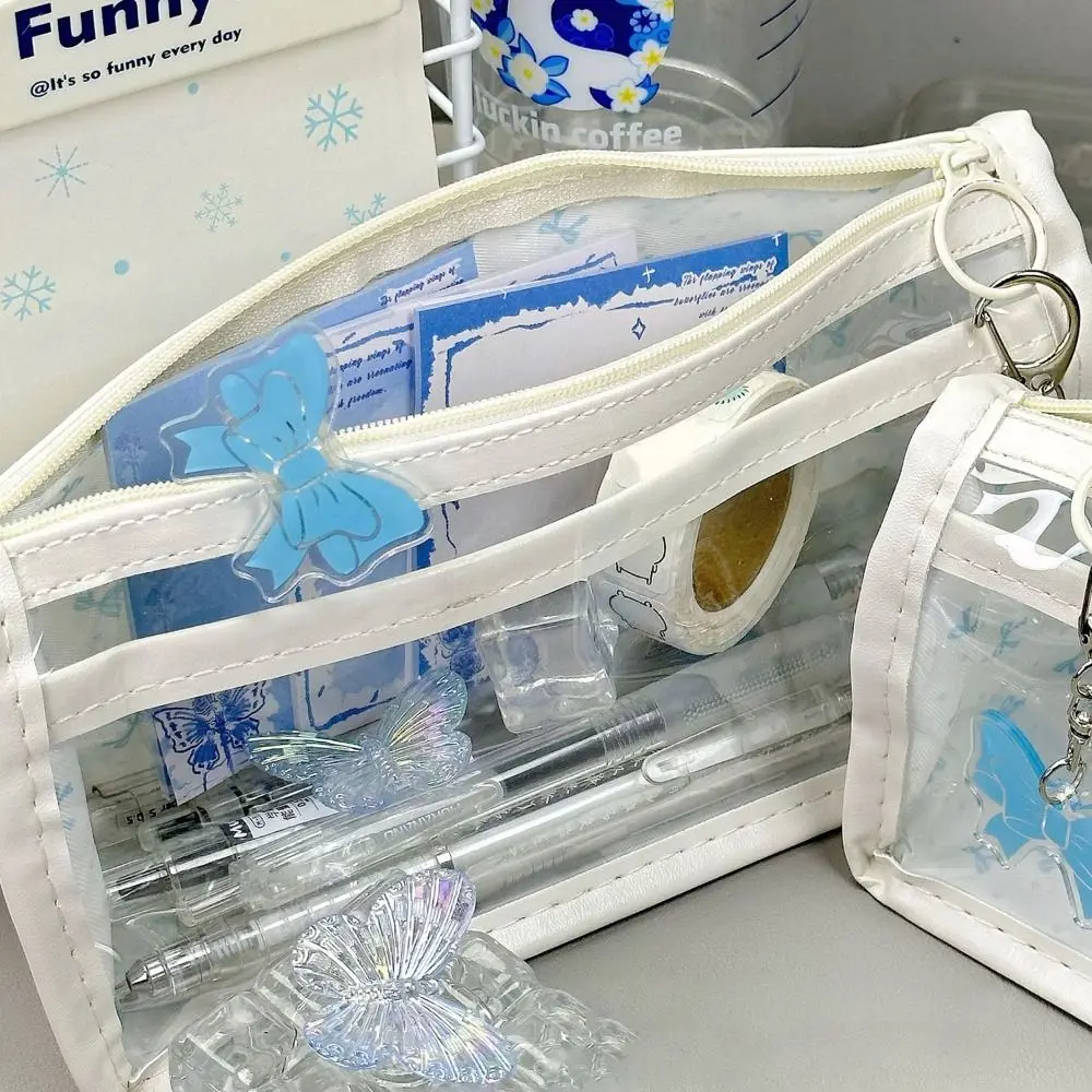 Waterproof Butterfly Floral Print Pen Bag Double Layer Large Capacity Pencil Case Transparent Pen Pouch Gift