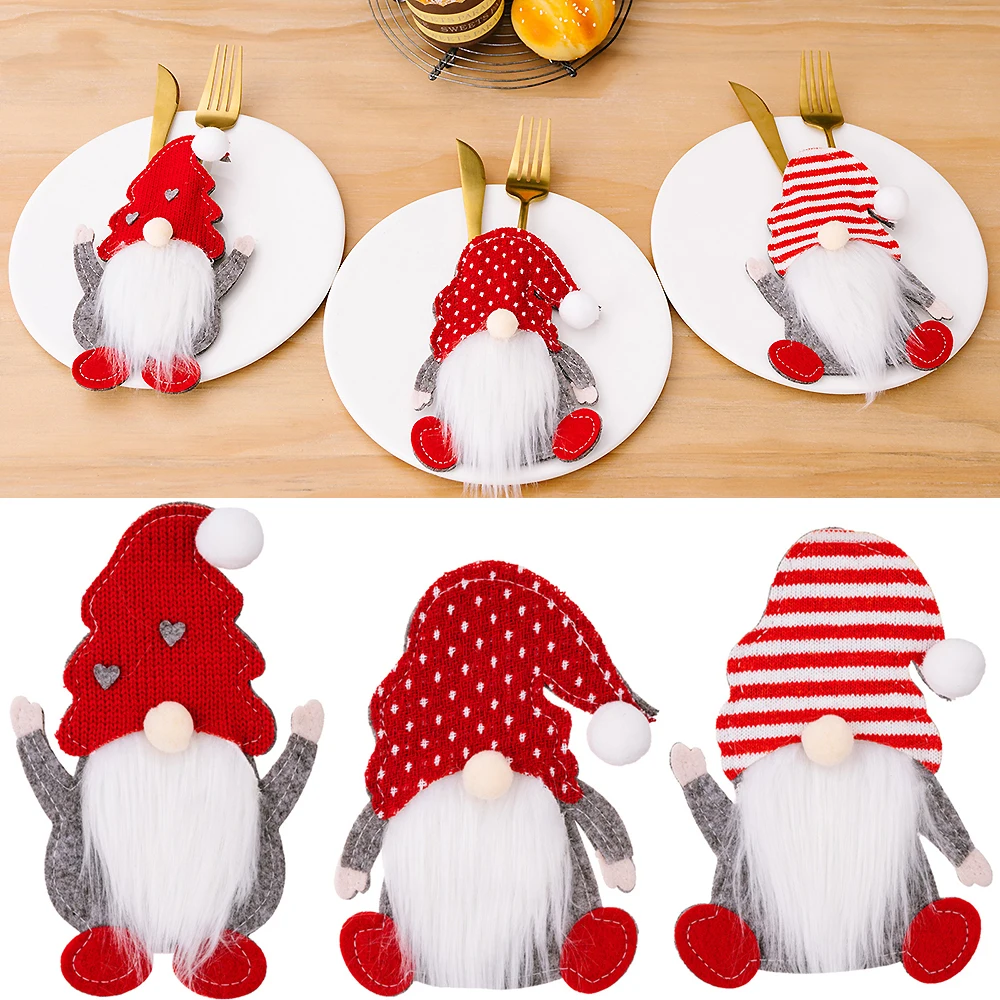 8/4/1Pcs Christmas Cutlery Holder Gnome Santa Knife Fork Pocket Xmas Tableware Cover Bag Christmas Dinner Decorations for Home