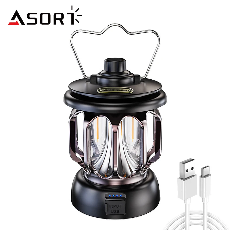 USB Rechargeable Camping Lantern Retro Portable LED Flashlight Stepless Dimming Tent Lights Outdoor Atmosphere Lamp Waterproof