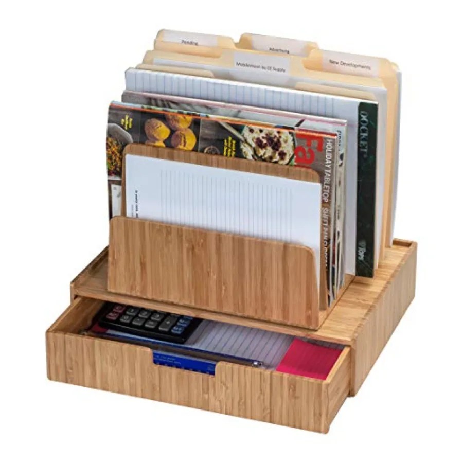 

Bamboo Desktop 7 Slot File Folder Organizer and Drawer Combo Storage for Office Supplies and Stationary items