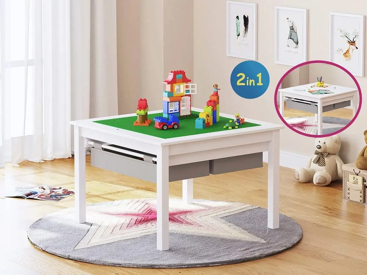 Conjunto de mesa de jogo de construção infantil 2 em 1 de madeira e 2 cadeiras com gavetas de armazenamento e placa embutida compatível com Lego a