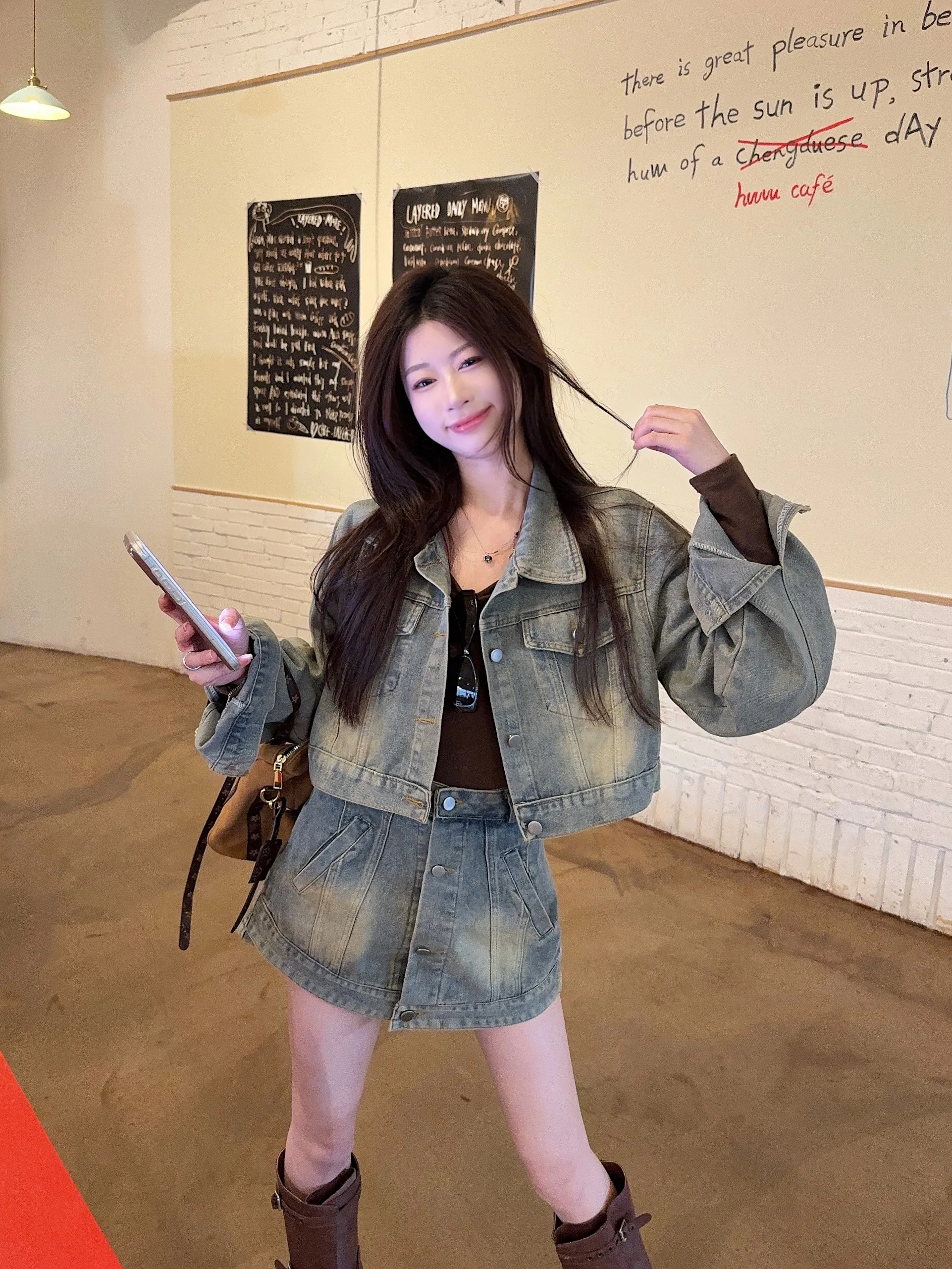 

Retro Washed Loose Long Sleeve Set Women's Spring Slimming Versatile High Waist Skirt Two Piece Cotton Shirt And Pants