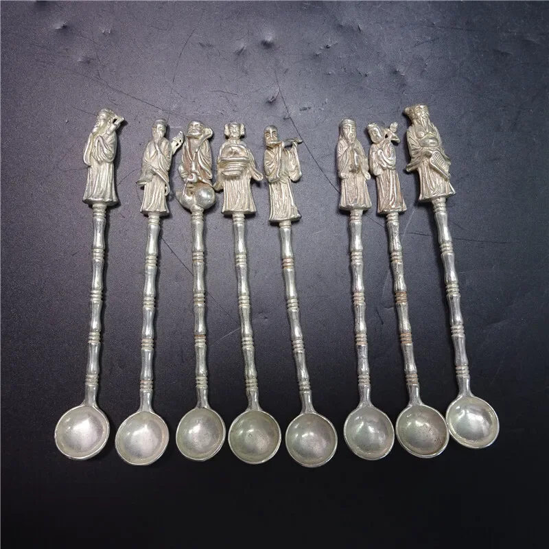 Full set Tibet silver Copper Handmade eight immortals Buddha Statue Spoon Ladle
