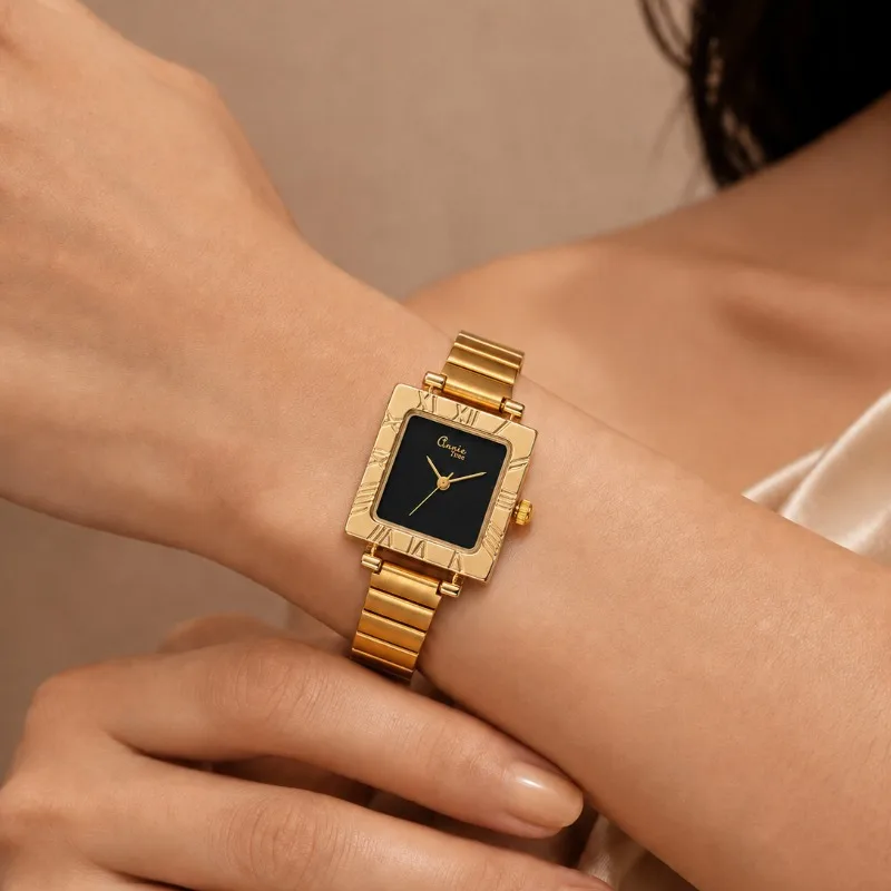Luxury Gold Square Ladies Quartz Watch Retro Roman Border Metal Strap Elegant Wristwatch Fashion Jewelry Gift for Women Girls