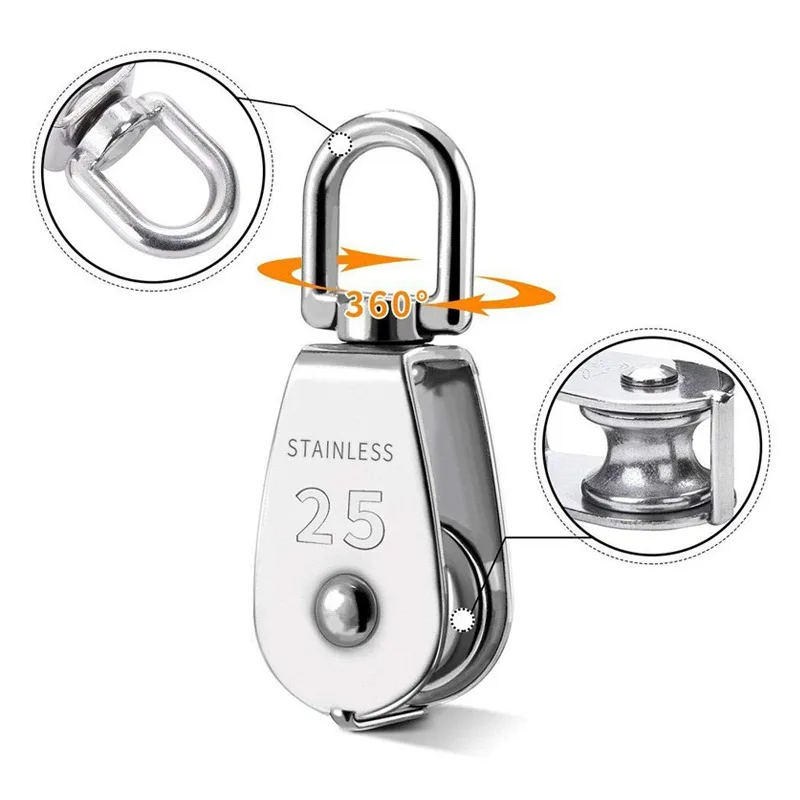 Stainless Steel Wire Rope Crane Pulley Blocks Lifting Single Pulley Block Outdoor Cranes Swivels Hook Hanging Wire Towing Wheel