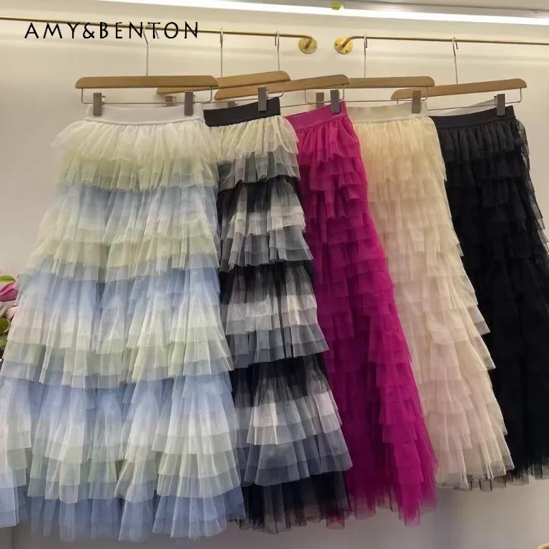 

Fashion 2026 Spring Summer New Korean Style High Waist Slimming Colorful Cake Skirt Y2k Beautiful Pleated Long Mesh Half Skirts