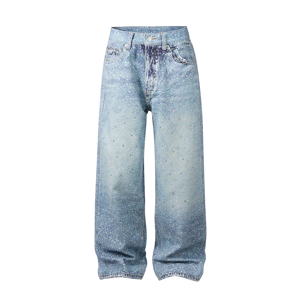 Jeans larghi blu lavati con stampa piena di strass Uomo e donna Ropa Hombre Streetwear Pantaloni in denim casual solidi Cargos larghi