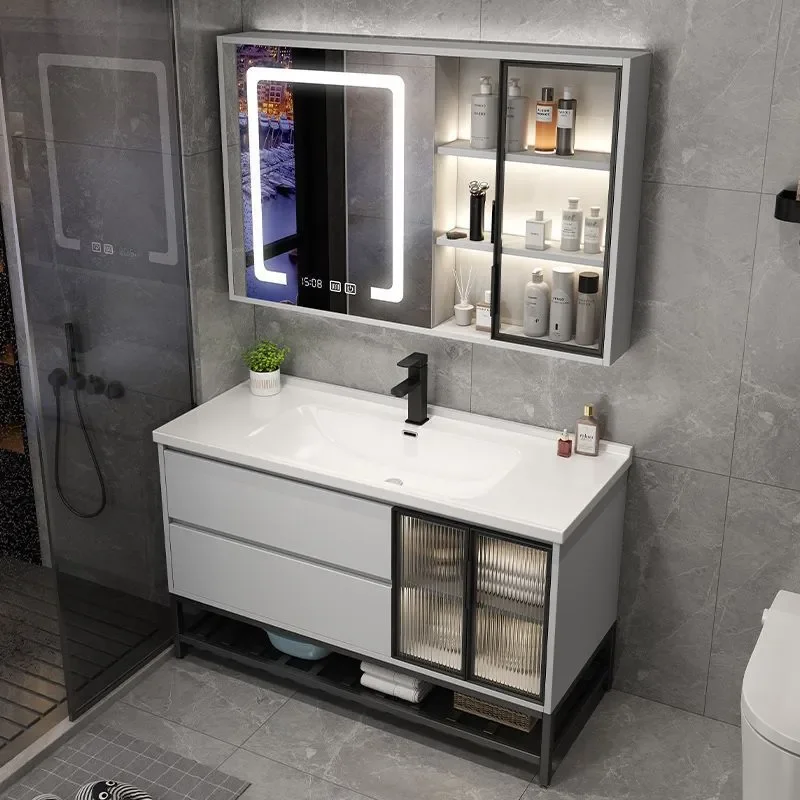 for Modern Simple Smart Bathroom Cabinet with Glass Door Solid Wood Vanity Ceramic Integrated Basin and Toilet Wash Basin