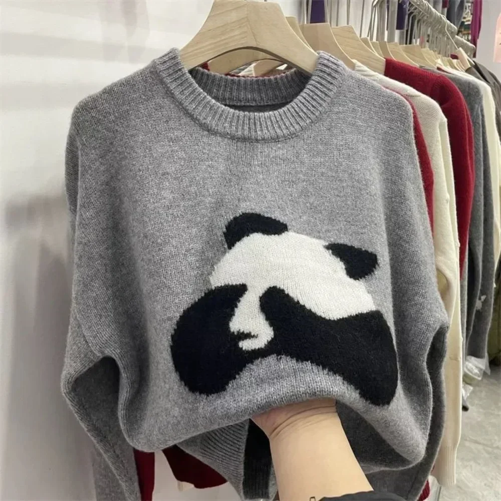 Neploe-Jersey fresco con estampado bordado, Jersey holgado que combina con todo, tejido de Panda dulce, suéteres largos informales suaves con paneles y cuello redondo