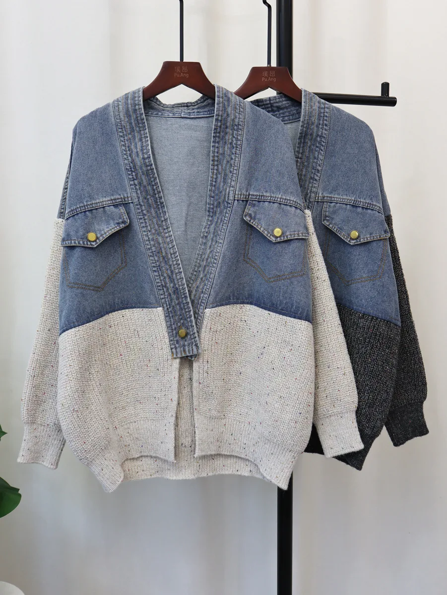 

Korean Loose Style V-neck Denim Spliced Single Button Sweater Cardigan Coats Women's Clothing Autumn New Tide