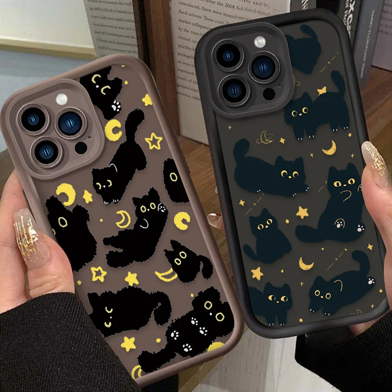 Cartoon Black Cat Star Case For iPhone 15 16 14 13 12 11 Pro Max X XS X S Max XR SE 2020 7 8 Plus Soft Silicone Shockproof Cover