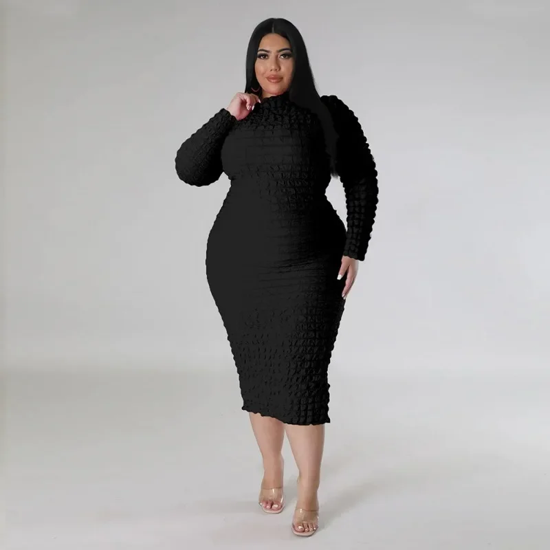 KEXU Plus Size Women Long Sleeve Elastic Bodycon Midi Dress  Autumn Winter Sexy Party Club Evening Fashion Vestidos Dresses