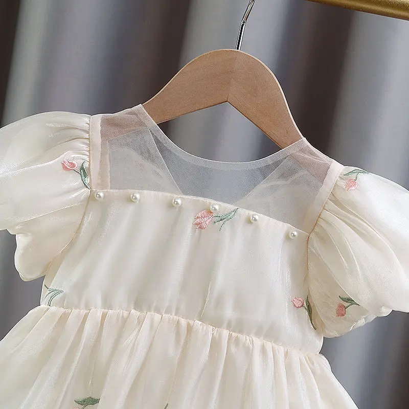 Vestido de princesa de encaje de manga corta con cuello redondo y cremallera para niñas, ropa para niños, bordado Floral, Patchwork, lentejuelas,