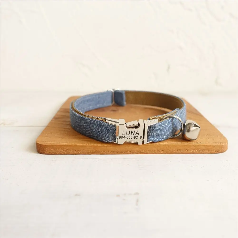 

Personalized Cat Collar Customized Nameplate ID Metal Buckle Adjustable Brown Blue Jean Fiber Cat Collars with Bell