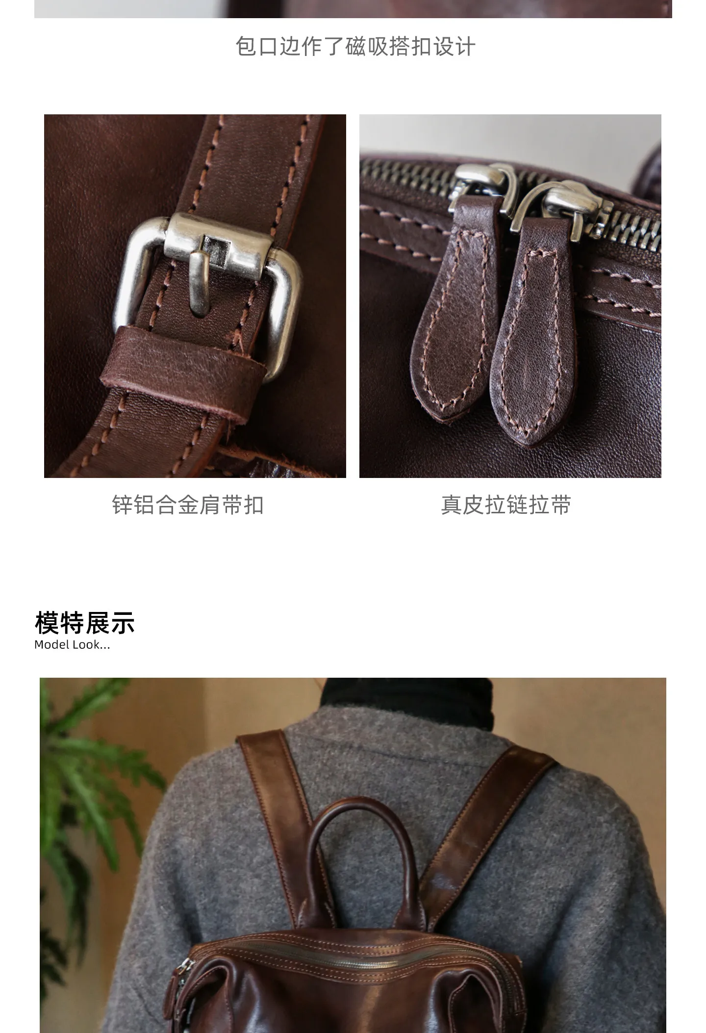 PNDME einfacher Vintage-Rucksack aus hochwertigem echtem Leder für Damen, lässiger, luxuriöser Schulrucksack aus pflanzlich gegerbtem Rindsleder für den täglichen Gebrauch. – Detail 5