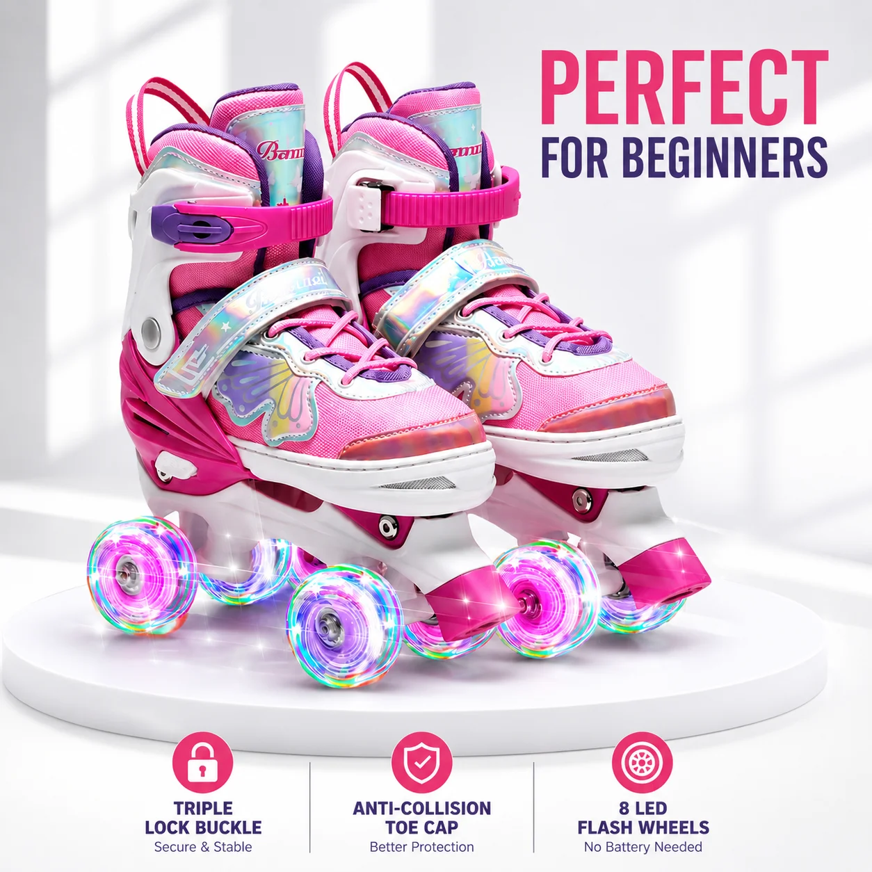 

Kids Adjustable Quad Roller Skates Boys Girls Double Row Roller Shoes Flash Wheels PU Outdoor Beginner Skating Sneakers Training