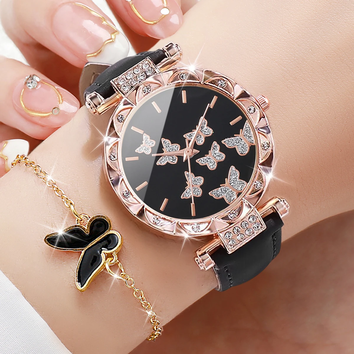 5PCS/Set Fashion Butterfly Women Watches Jewelry Set Luxury Rhinestone Female Leather Band Quartz Watch ( Without Box )