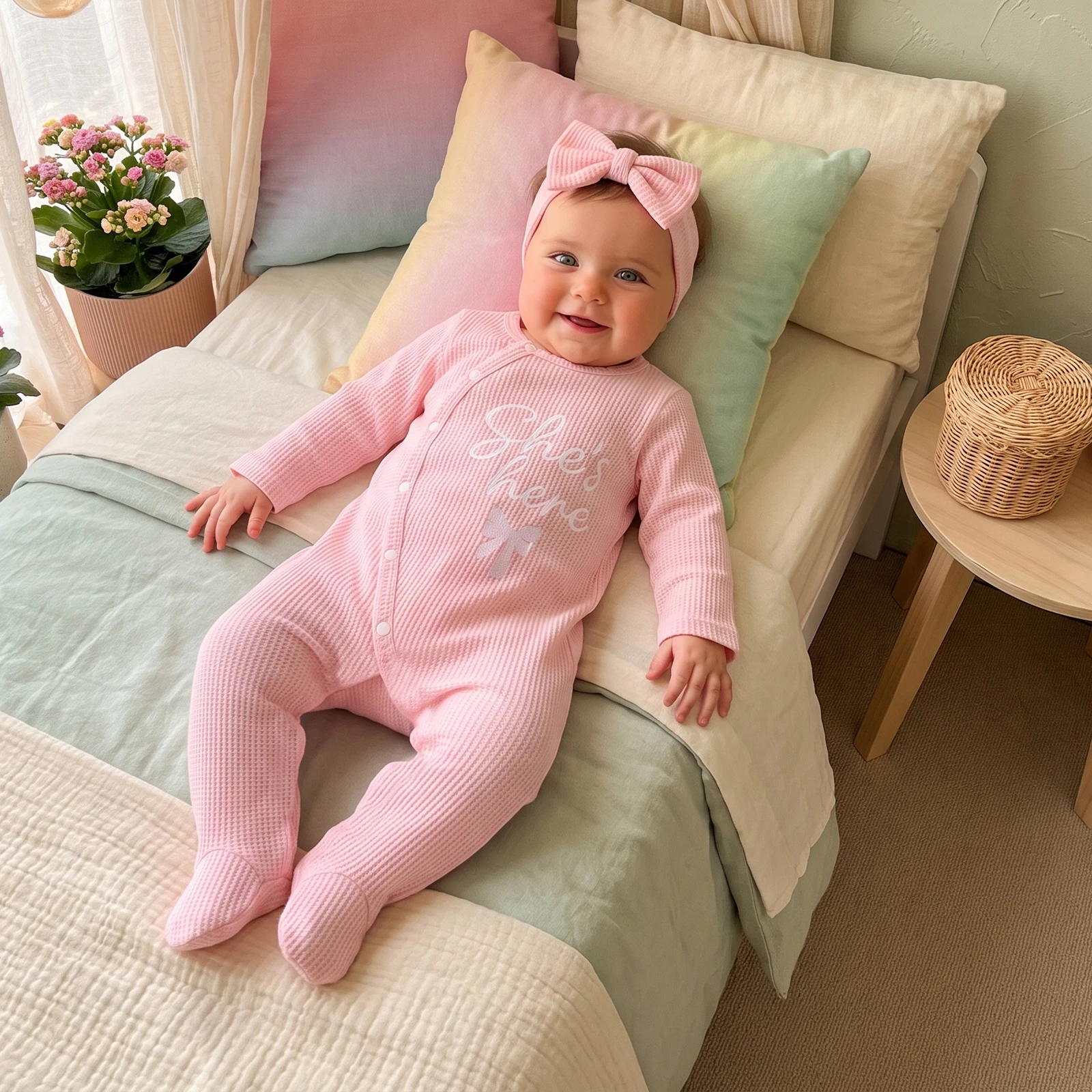 Newborn Girl Fall Footed Romper Embroidery Long Sleeve Jumpsuit Headband