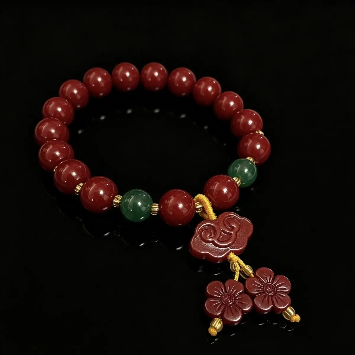 Chinese Style Cinnabar Colored Glaze 10mm 16 Beads Bracelet Auspicious Ruyi Flower Charm Feng Shui Wealth Attracting Good Luck
