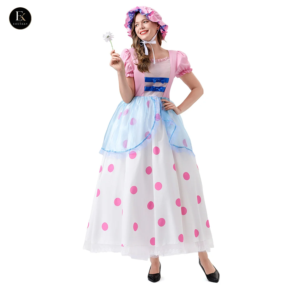EOENKKY Little Bo Peep Shepherdess Costume for Women Pink Polka Dot Long Dress with Bonnet Halloween Cosplay Party Outfit